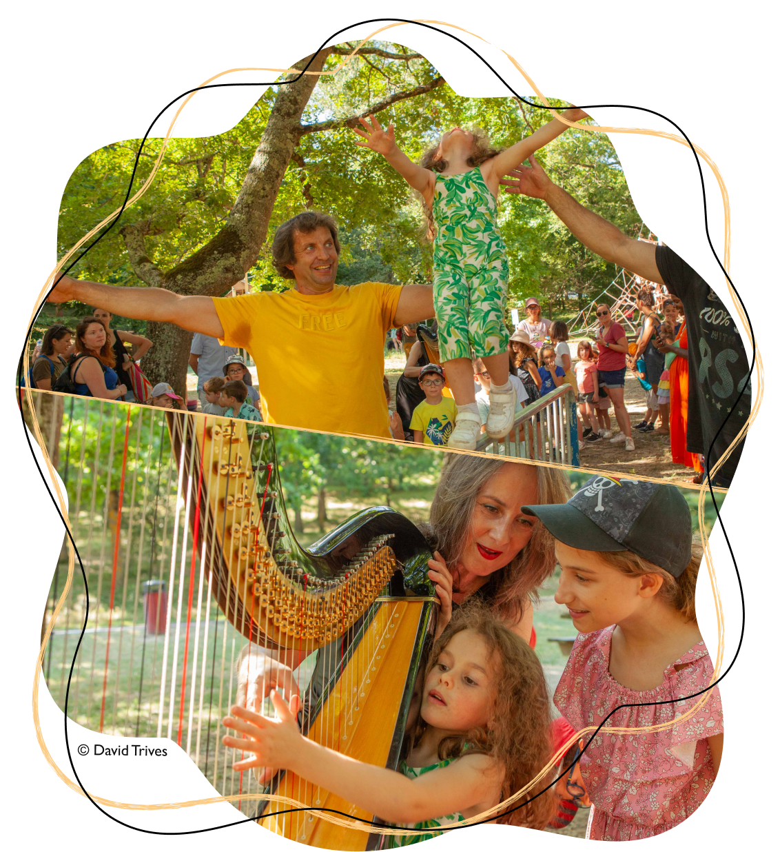 Thomas Bodinier accompagnant une enfant sur sa Barrière Vauban, et Sophie Béguier initiant une jeune enfant à la harpe.